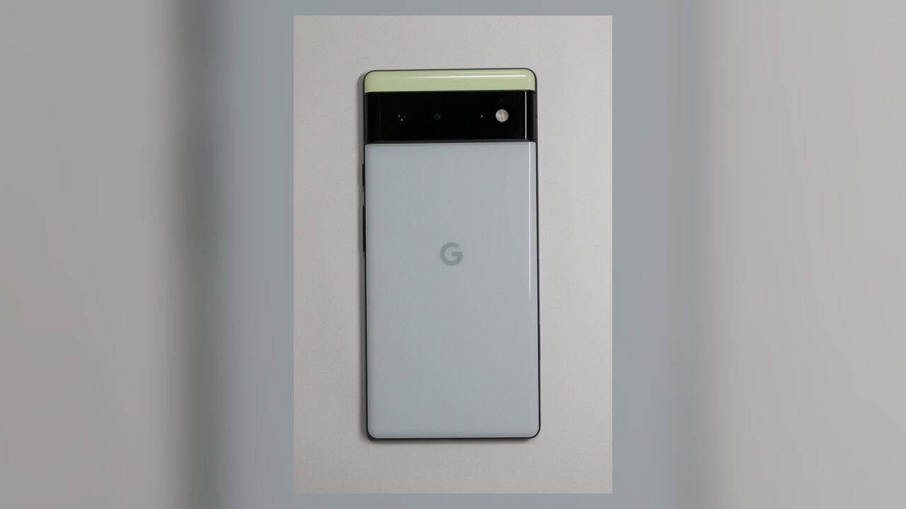 Google Pixel 6 rear panel in Sorta Seafoam, showing the camera bar