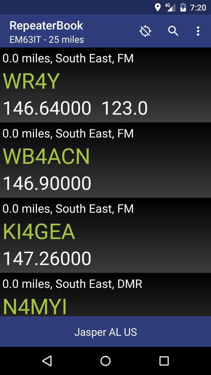 RepeaterBook on Android listing nearby repeaters with callsign, distance, mode, frequency and PL tone