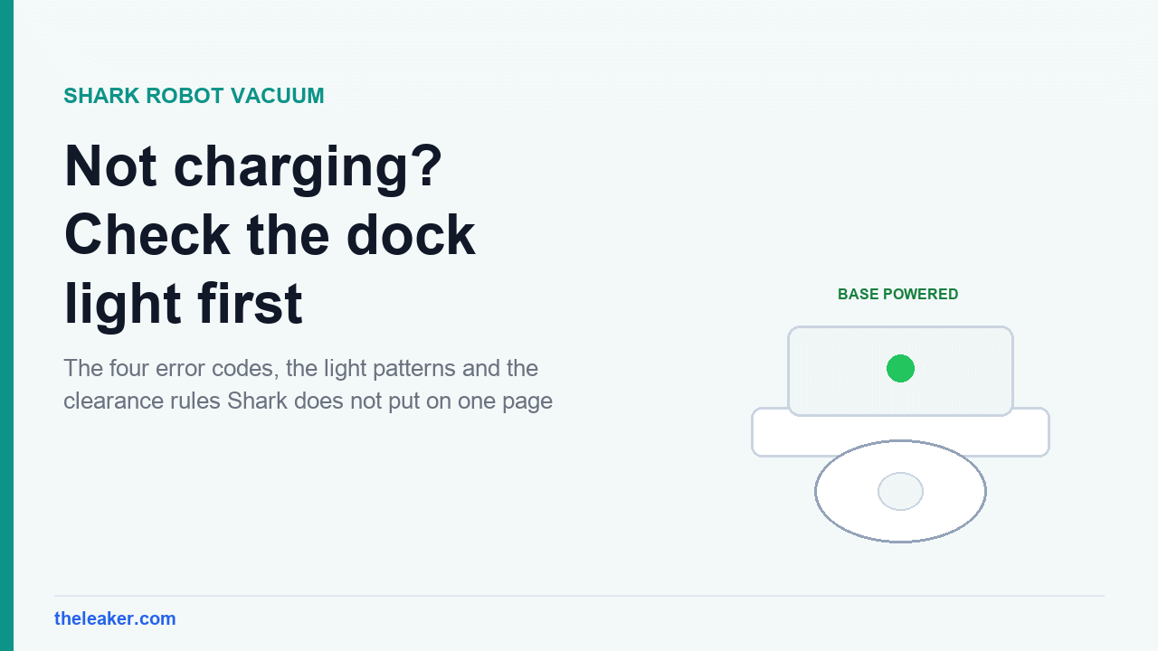Illustration of a Shark robot vacuum beside its dock with the base power light lit green