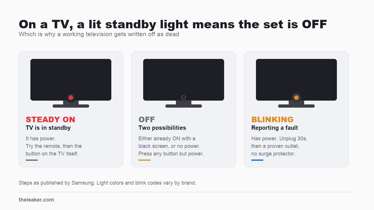 Three TV standby light states and what each means. Light steady on means the TV is in standby and receiving power, so the problem is the remote or the set itself. Light off means either the TV is already on with a black screen, or it has no power at all. Light blinking means the TV has power and on most sets is reporting a fault.