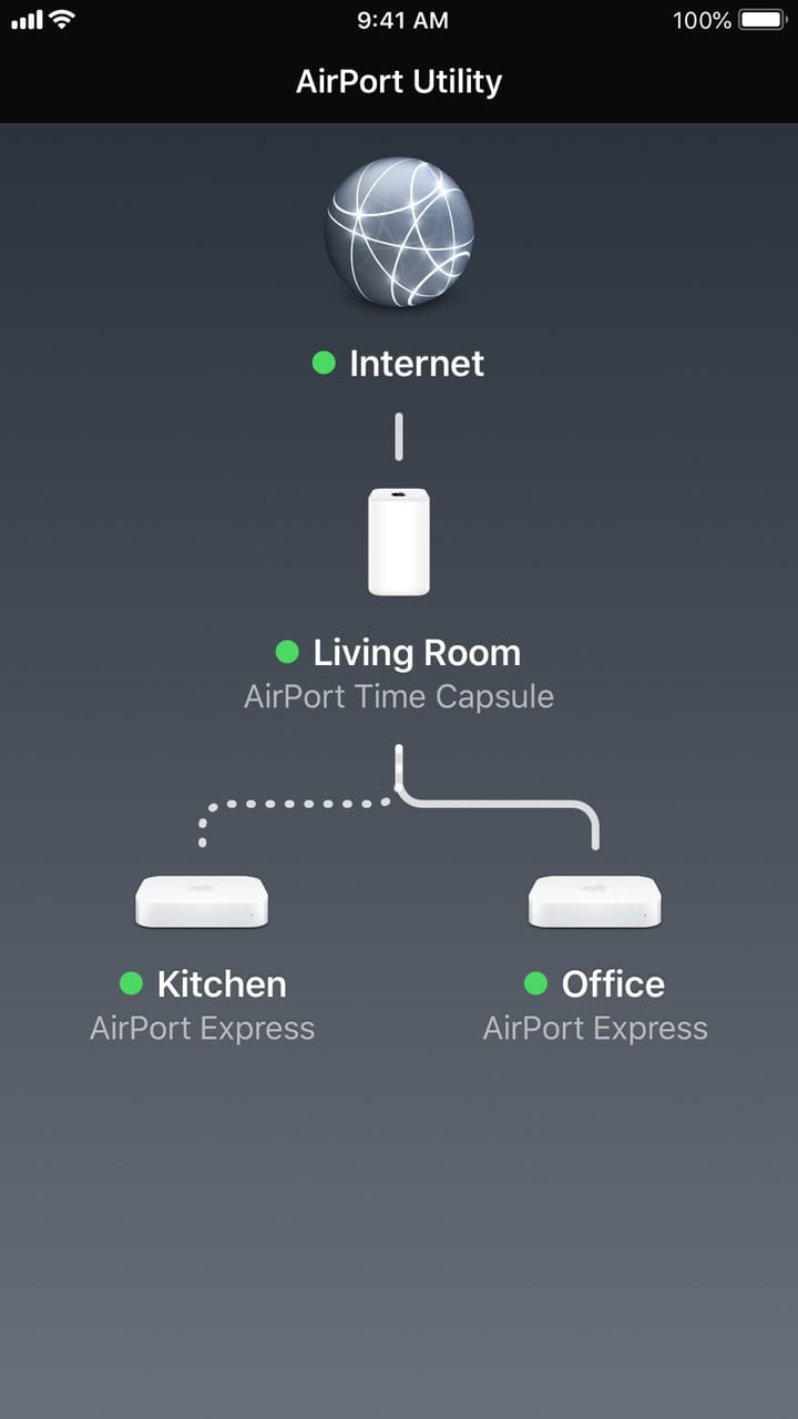 AirPort Utility on iPhone showing a network map with an internet icon and three AirPort base stations