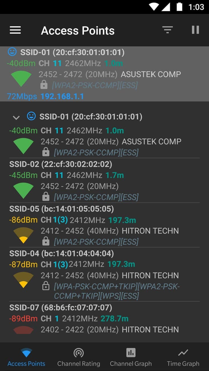 WiFi Analyzer open-source app on Android listing nearby access points with signal in dBm, channel number and frequency