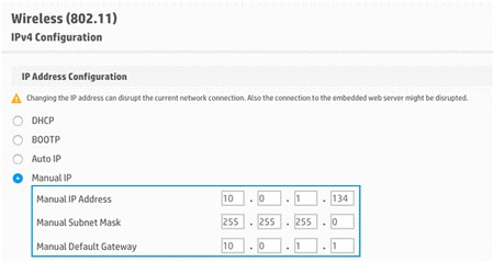 HP printer embedded web server page showing the IPv4 Configuration section with Manual IP selected