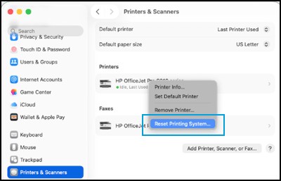 macOS Printers and Scanners settings with the Control-click menu open showing Reset Printing System
