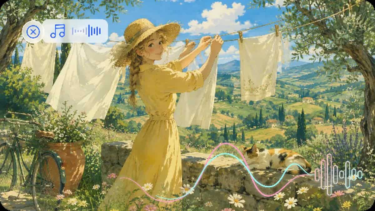 A sunlit garden scene of a woman in a yellow dress hanging white laundry above a stone wall, with a sleeping cat, a bicycle and rolling hills behind her, overlaid with audio waveform graphics