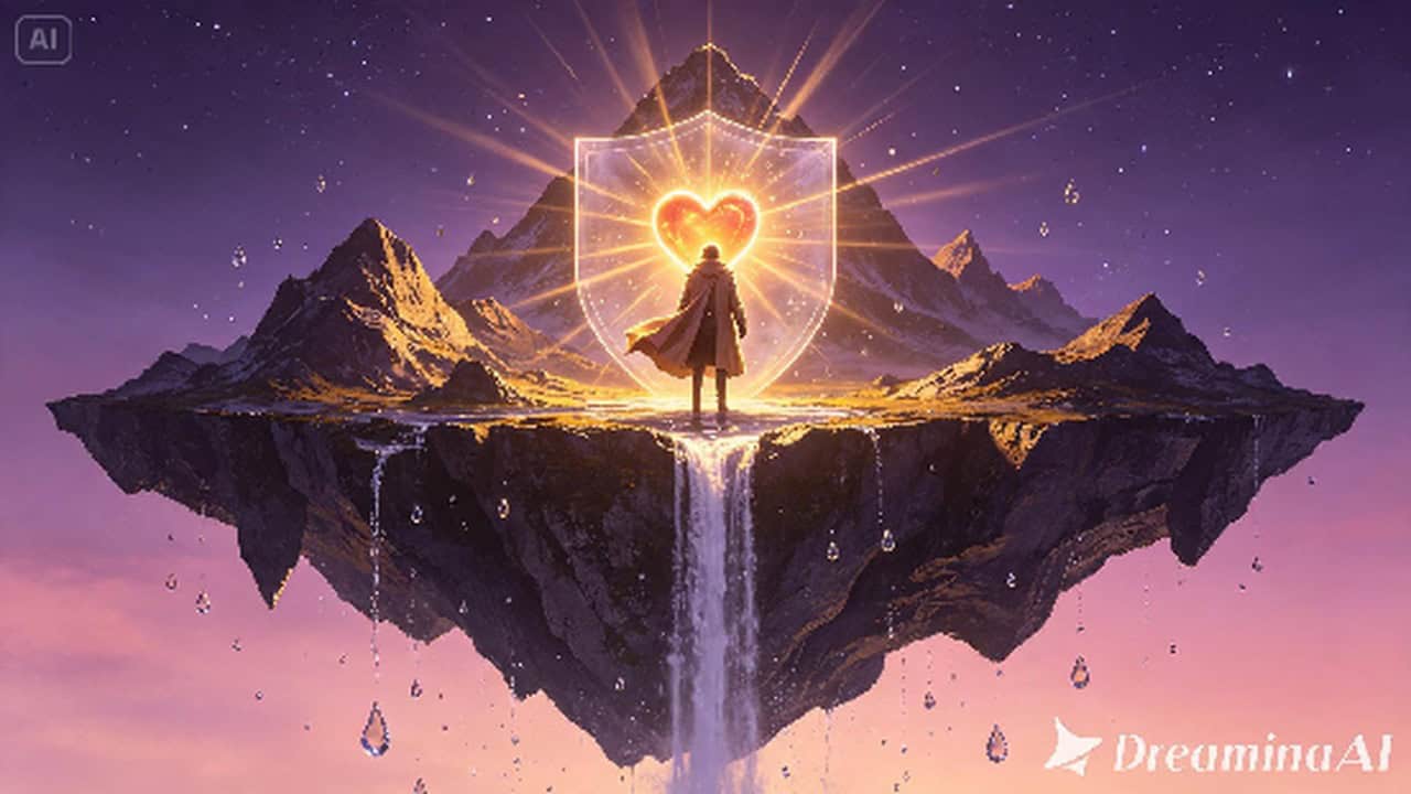 A caped figure stands on a floating island before a glowing shield containing a radiant heart, a waterfall pouring off the island edge into a purple sky with crystals falling